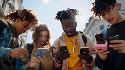Obraz premium Teenagers Engaged Social Media Modern Technology Outdoor Street