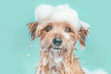 Underwater funny photo of brown maltipoo poodle puppy in the pool playing with fun - jumping, diving deep down. Beautiful simple AI generated image in 4K, unique.