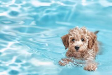 Underwater funny photo of maltipoo poodle puppy in the pool playing with fun - jumping, diving deep down. Beautiful simple AI generated image in 4K, unique.