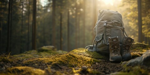 A close-up photo of a hiking backpack and hiking boots on mossy ground in a forest with sunlight. Hiking and outdoor adventure concept.