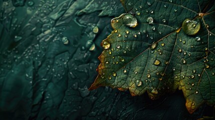 Fototapeta premium Macro photography of raindrops on grapevine leaf on dark green backdrop