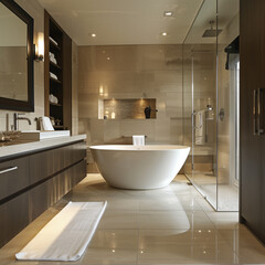 Modern bathroom interior featuring sleek tiles, contemporary design, a clean sink, shower, and luxurious bathtub in a stylish home setting