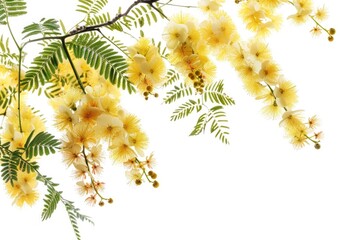 A close-up shot of a branch from a tree covered in bright yellow flowers