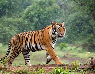Indian tiger male with first rain, wild animal in the nature habitat, Ranthambore, India. Big cat, endangered animal.
