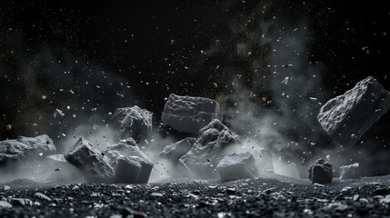 Splashing gravel with strong size contrast, black background.Generative AI.