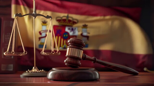 Spanish Legal System Concept with Court Gavel and Justice Scales in Front of Spanish Flag