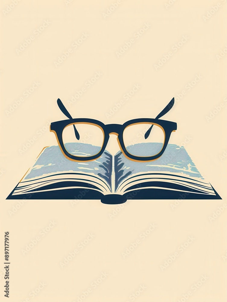 Poster An open book rests on a minimalist background, with a pair of eyeglasses resting on top of it. Generative AI