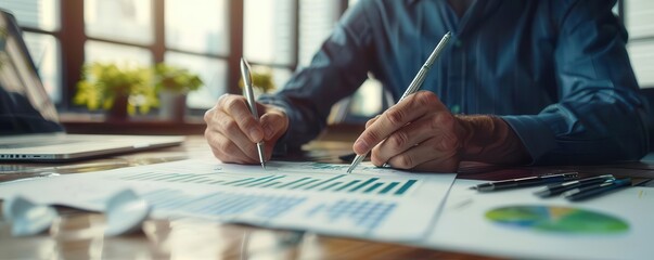Obraz premium Investor reviewing clean power development projects, clean power development, close up, sustainability theme, realistic, overlay, office backdrop, copy space for text,