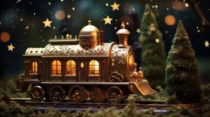 Festive fairy train in vintage holiday postcard style for christmas and new year celebration