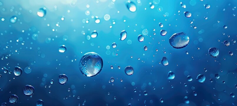 Abstract water droplets on a blue background creating a fresh, clean, and vibrant pattern. Generative ai