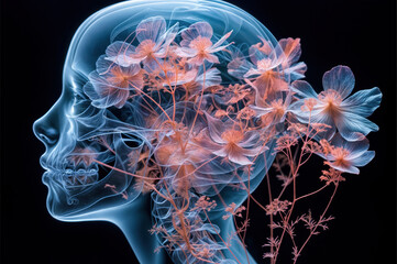 R&ouml;ntgenbild. Bunte Blumenbl&uuml;ten im Sch&auml;del.