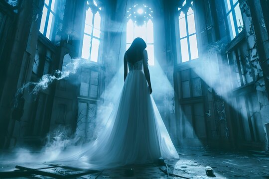 Gothic Bride's Solitude: A ghostly bride in an abandoned church, shrouded in ethereal blue light and fog, evokes mystery and haunting beauty. 