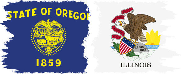Illinois and Oregon states grunge brush flags connection, vector