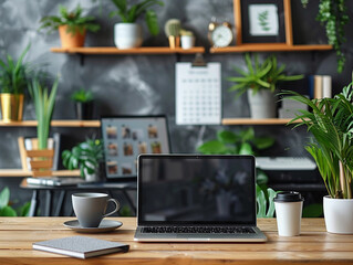 Fototapeta premium Modern Home Office Desk With Laptop, Coffee Cup, and Plants