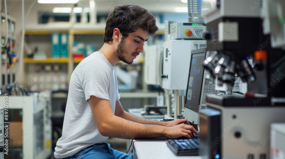Aufkleber Engineer focusing on technical schematics on computer in a well-equipped lab. Engineering precision and technical analysis.
