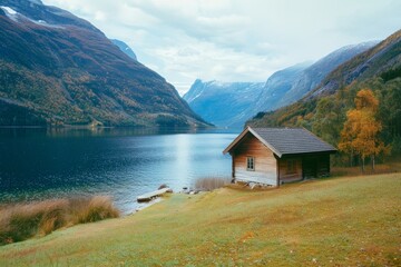 Landscape with an old village house standing in a field with autumn-yellowed grasses against a cloudy sky. Rural area.. Beautiful simple AI generated image in 4K, unique.