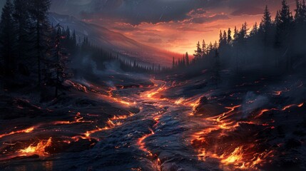 Fiery River Through the Forest.