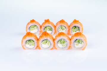 Philadelphia sushi roll with red caviar and salmon, roll for a food delivery site on a white background