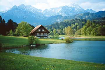 Fototapeta premium Landscape with an old village house standing in a field with autumn-yellowed grasses against a cloudy sky. Rural area.. Beautiful simple AI generated image in 4K, unique.