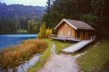 Fototapeta premium Landscape with an old village house standing in a field with autumn-yellowed grasses against a cloudy sky. Rural area.. Beautiful simple AI generated image in 4K, unique.