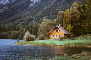 Fototapeta premium Old church in a field under a cloudy sky - film photo. Beautiful simple AI generated image in 4K, unique.