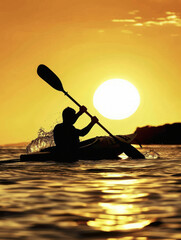 Kayaker paddling at sunset