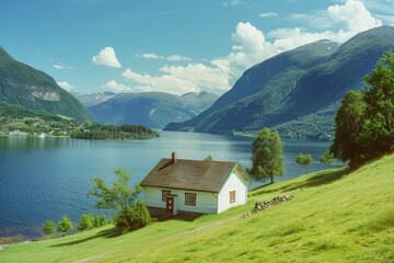 Old church in a field under a cloudy sky - film photo. Beautiful simple AI generated image in 4K, unique.