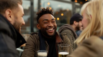 Joyful Friends Enjoying Drinks at Outdoor Cafe