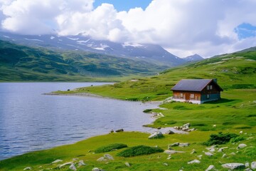 Fototapeta premium Old church in a field under a cloudy sky - film photo. Beautiful simple AI generated image in 4K, unique.