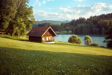 Obraz premium Old church in a field under a cloudy sky - film photo. Beautiful simple AI generated image in 4K, unique.
