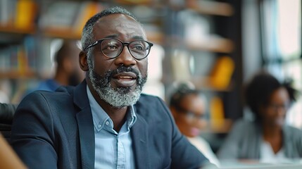 Obraz premium Confident Leadership: A focused and experienced African American businessman with grey beard and glasses speaks with conviction during a meeting, radiating confidence and expertise. 