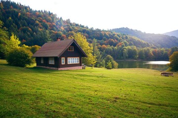 Obraz premium Old church in a field under a cloudy sky - film photo. Beautiful simple AI generated image in 4K, unique.