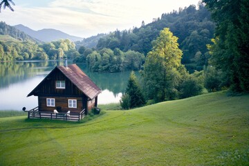 Fototapeta premium Landscape with an old village house standing in a field with autumn-yellowed grasses against a cloudy sky. Rural area.. Beautiful simple AI generated image in 4K, unique.