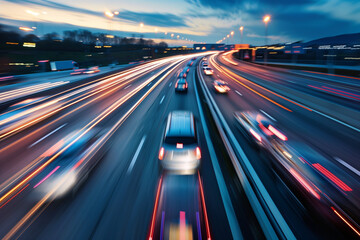 Fototapeta premium Blurred Cars Speeding on Highway at Dusk with Light Trails, Capturing the Essence of Speed and Modern Transportation. Generative AI