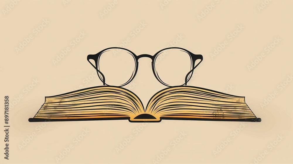 Leinwandbilder a minimalist illustration of an open book with eyeglasses resting on top. generative ai