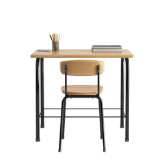 Fototapeta premium Vintage wooden table and chairs, simple desk with books, isolated interior object