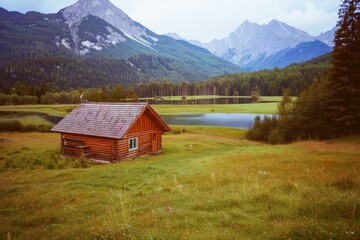 Obraz premium Old church in a field under a cloudy sky - film photo. Beautiful simple AI generated image in 4K, unique.