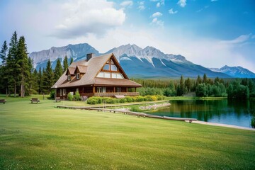 Fototapeta premium Old church in a field under a cloudy sky - film photo. Beautiful simple AI generated image in 4K, unique.