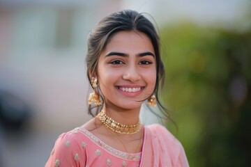 Young indian woman in pink sari smiling brightly outdoors