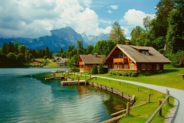 Fototapeta premium Landscape with an old village house standing in a field with autumn-yellowed grasses against a cloudy sky. Rural area.. Beautiful simple AI generated image in 4K, unique.