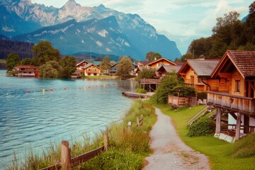 Fototapeta premium Old church in a field under a cloudy sky - film photo. Beautiful simple AI generated image in 4K, unique.