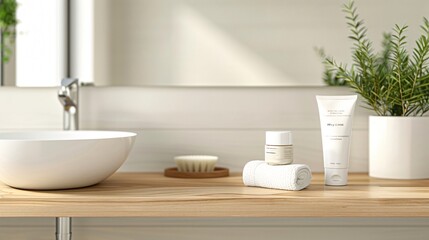 Natural cosmetic products resting on wooden bathroom countertop