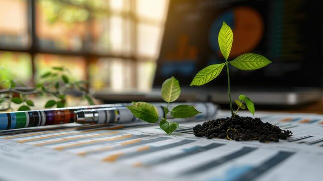 Investor reviewing renewable energy project portfolio, renewable energy projects, close up, sustainability theme, realistic, overlay, office backdrop, copy space for text,