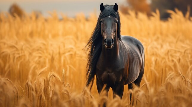 Black Horse in a Field of Wheat