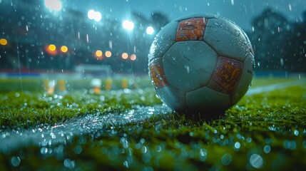 Fototapeta premium A close-up shot of a rain-soaked soccer ball on a freshly wet field, under the bright stadium lights.