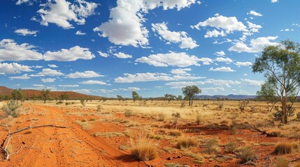 Naklejka premium A panoramic view of the Australian Outback, with red earth and a blue sky.