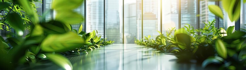 Presentation on green bonds performance, green bonds investment, selective focus, transparency theme, futuristic, manipulation, conference room backdrop, copy space for text,