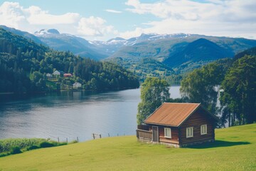 Naklejka premium Landscape with an old village house standing in a field with autumn-yellowed grasses against a cloudy sky. Rural area.. Beautiful simple AI generated image in 4K, unique.