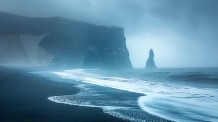 A misty coastline with dramatic cliffs rising over the sea waves, creating a mysterious and somber atmosphere.