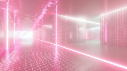 Innovative network grid, pristine white stage, luminescent pink meshes, dynamic touchpoints, sleek and progressive.